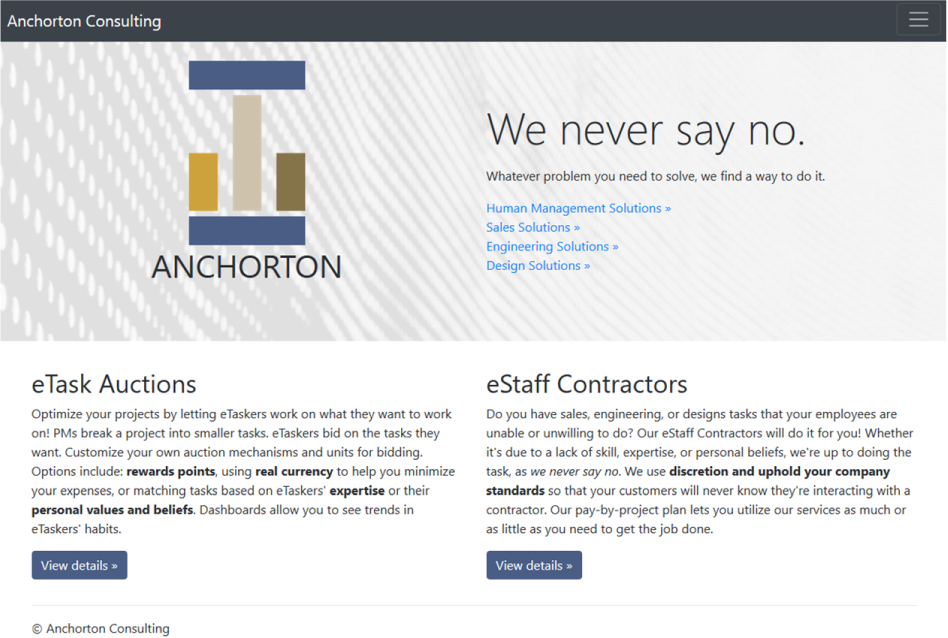 A fictional website for Anchorton, a tech contractor that will do tasks that other workers refuse to do