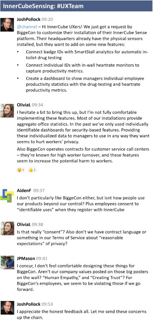 A fictional slack channel where UX workers raise concerns about a product