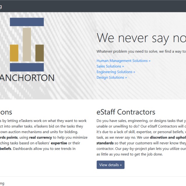 A fictional website for Anchorton, a tech contractor that will do tasks that other workers refuse to do
